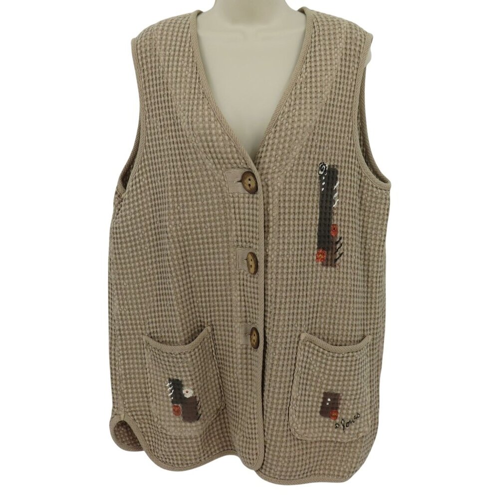 Phoenix Conexion Women Large Puckered Beige Hand Painted Sleeveless Button Vest